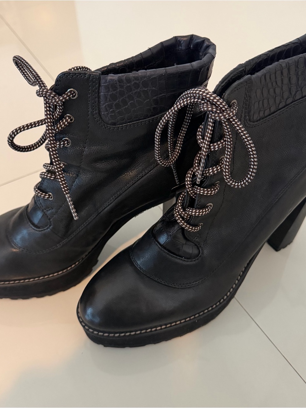 Stuart Weitzman Black Lace-Up Leather Ankle Boots